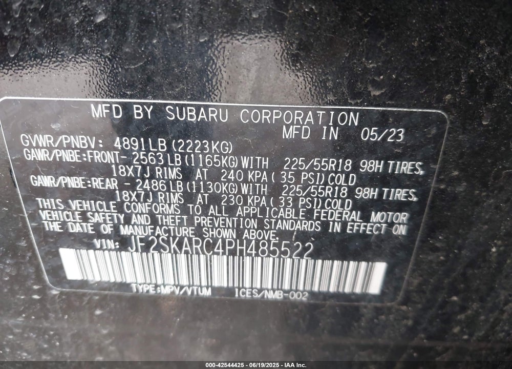 2023 SUBARU FORESTER TOURING VIN: JF2SKARC4PH485522
