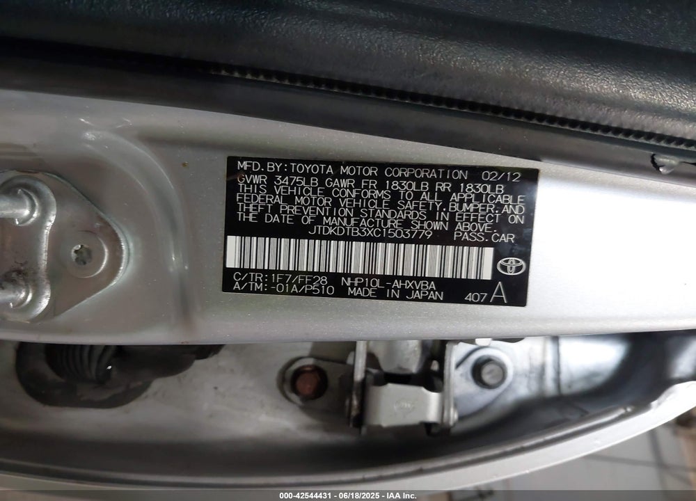 2012 TOYOTA PRIUS C TWO VIN: JTDKDTB3XC1503779
