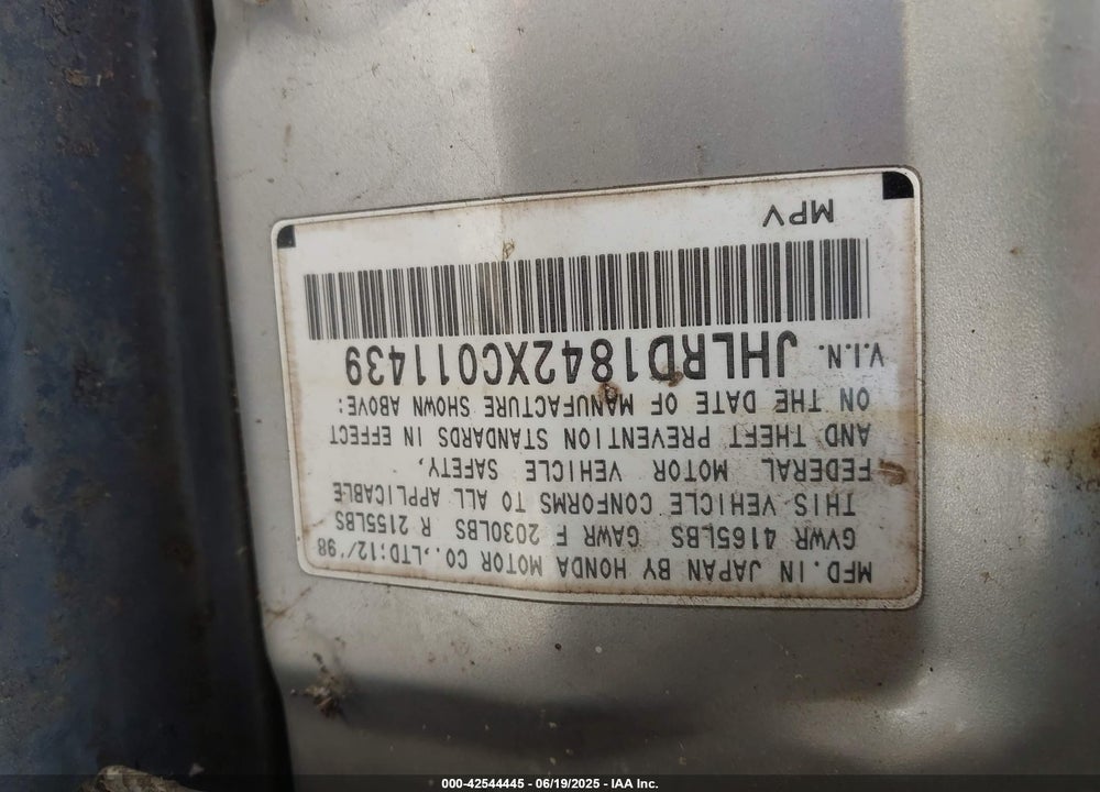 1999 HONDA CR-V LX VIN: JHLRD1842XC011439