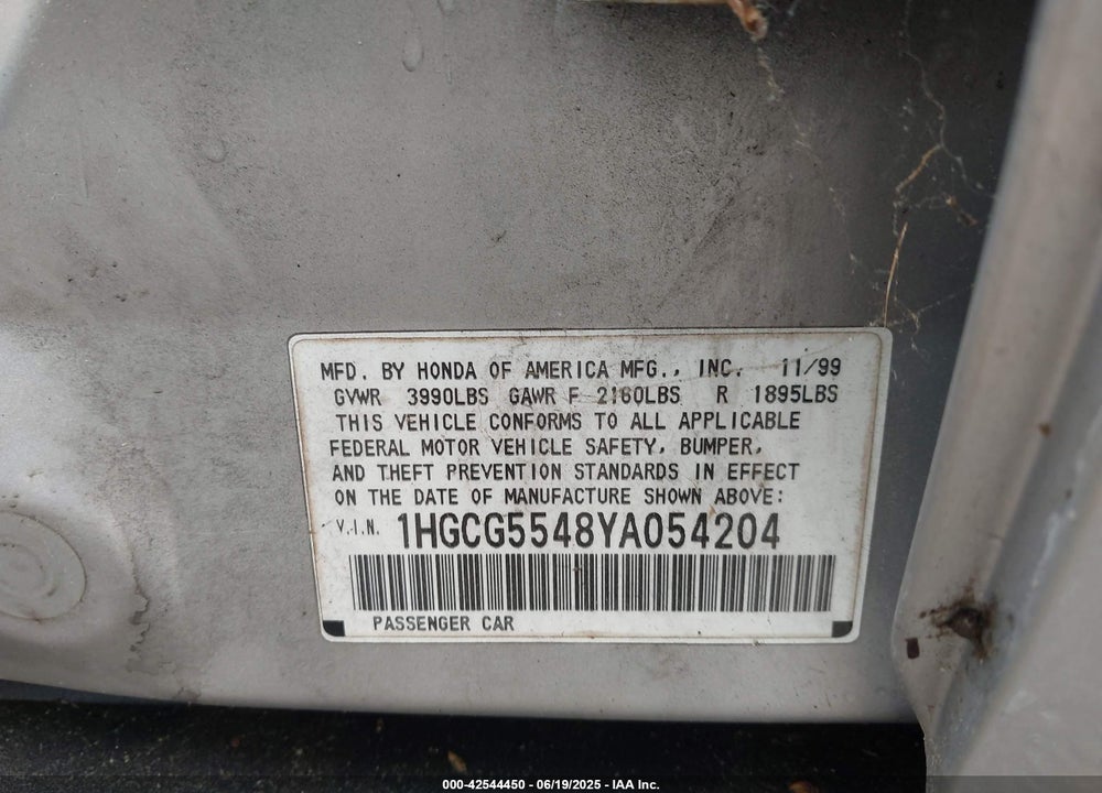 2000 HONDA ACCORD 2.3 LX VIN: 1HGCG5548YA054204
