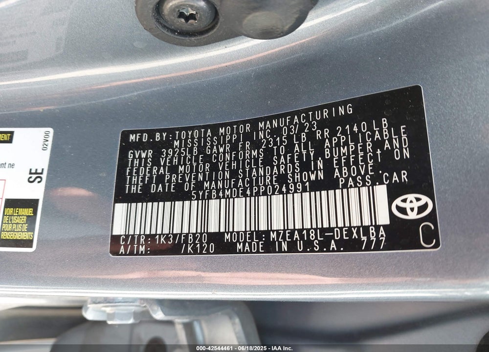 2023 TOYOTA COROLLA LE VIN: 5YFB4MDE4PP024991