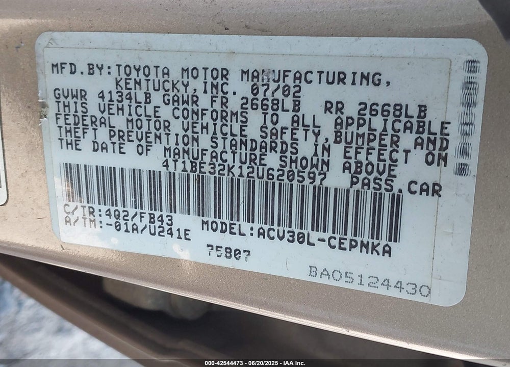 2002 TOYOTA CAMRY LE VIN: 4T1BE32K12U620597