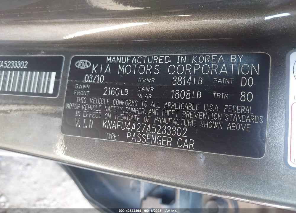 2010 KIA FORTE VIN: KNAFU4A27A5233302