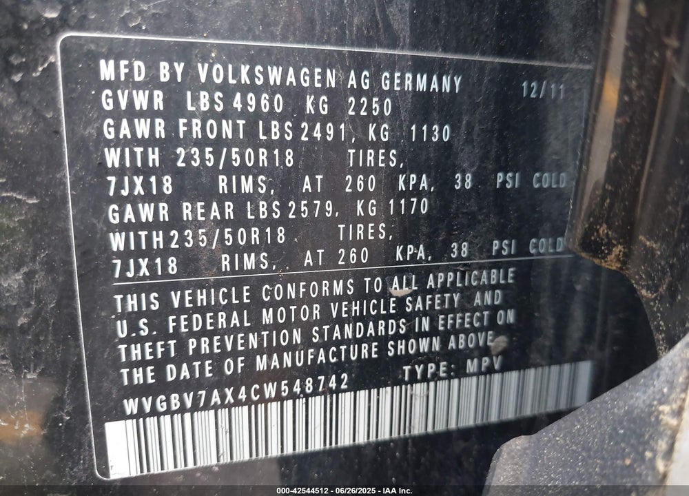 2012 VOLKSWAGEN TIGUAN VIN: WVGBV7AX4CW548742