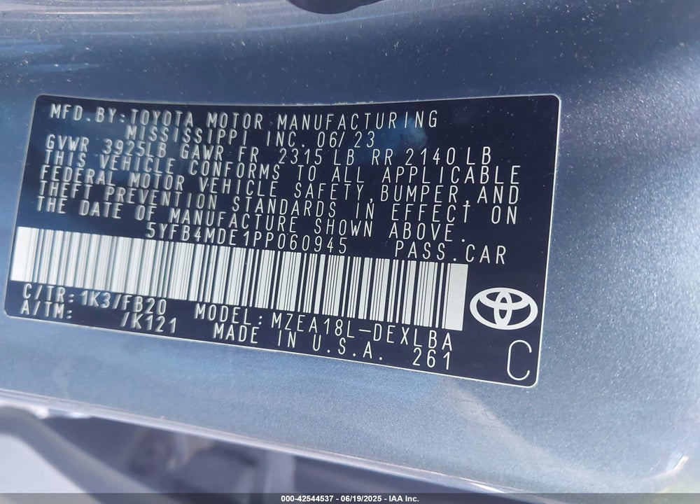 2023 TOYOTA COROLLA VIN: 5YFB4MDE1PP060945