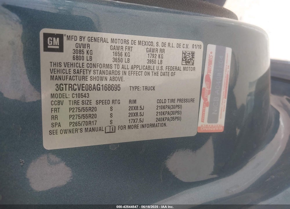 2010 GMC SIERRA 1500 VIN: 3GTRCVE08AG168695