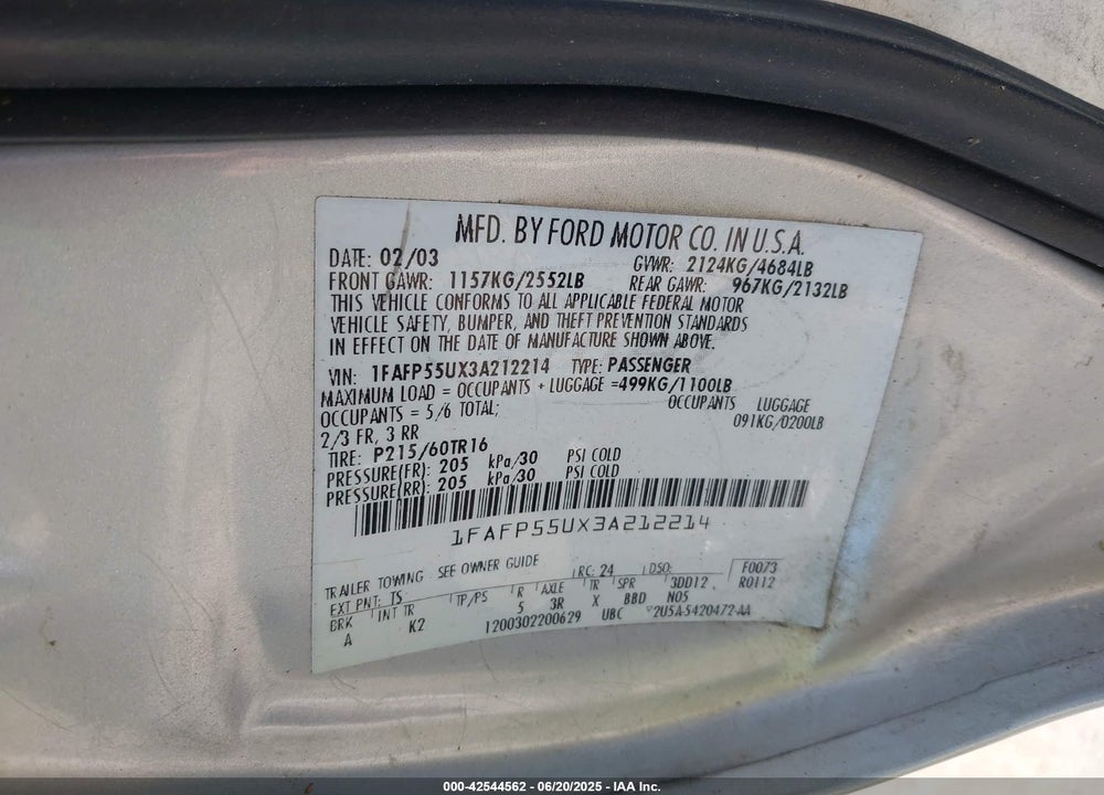 2003 FORD TAURUS VIN: 1FAFP55UX3A212214