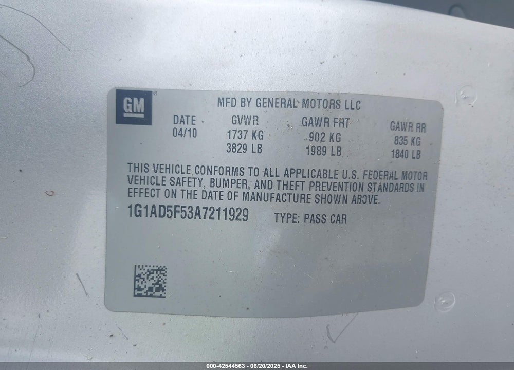 2010 CHEVROLET COBALT VIN: 1G1AD5F53A7211929