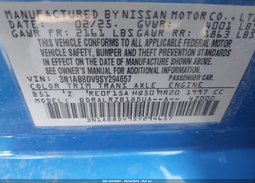 2025 NISSAN SENTRA VIN: 3N1AB8DV9SY294657