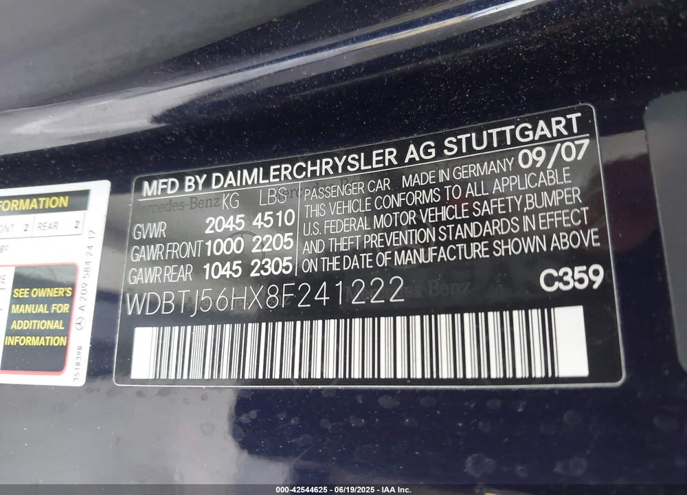 2008 MERCEDES-BENZ CLK 350 VIN: WDBTJ56HX8F241222
