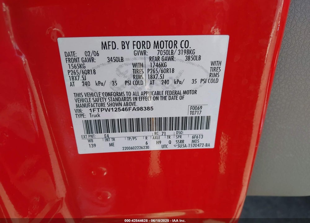 2006 FORD F-150 LARIAT/XLT VIN: 1FTPW12546FA98385