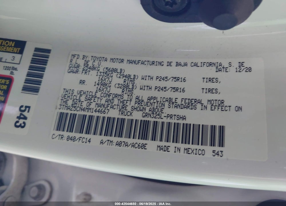 2021 TOYOTA TACOMA VIN: 3TMAZ5CN4MM144667