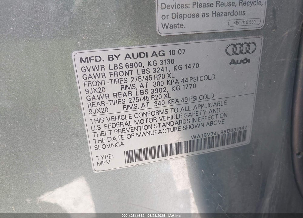2008 AUDI Q7 VIN: WA1BV74L98D031947