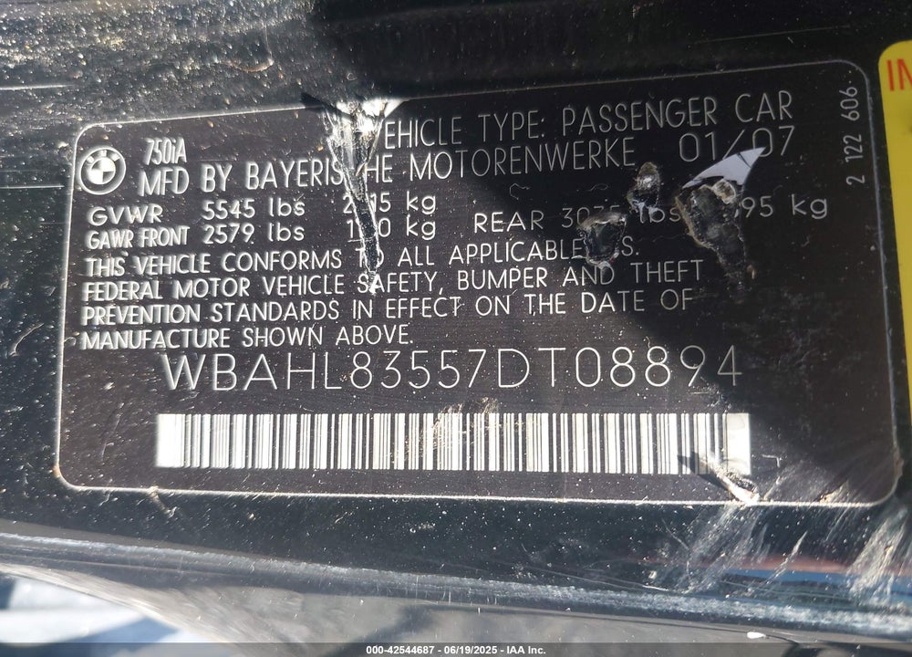 2007 BMW 750I VIN: WBAHL83557DT08894