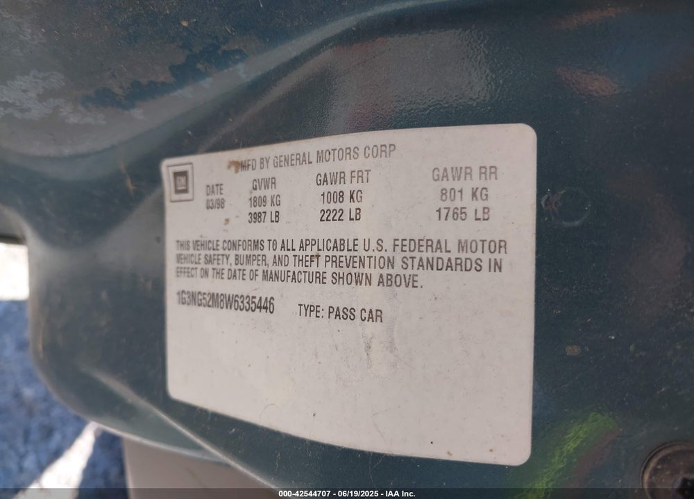 1998 OLDSMOBILE CUTLASS GLS VIN: 1G3NG52M8W6335446