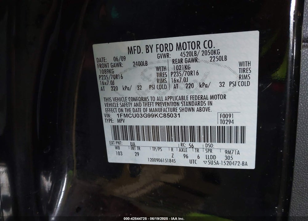 2009 FORD ESCAPE VIN: 1FMCU03G99KC85031