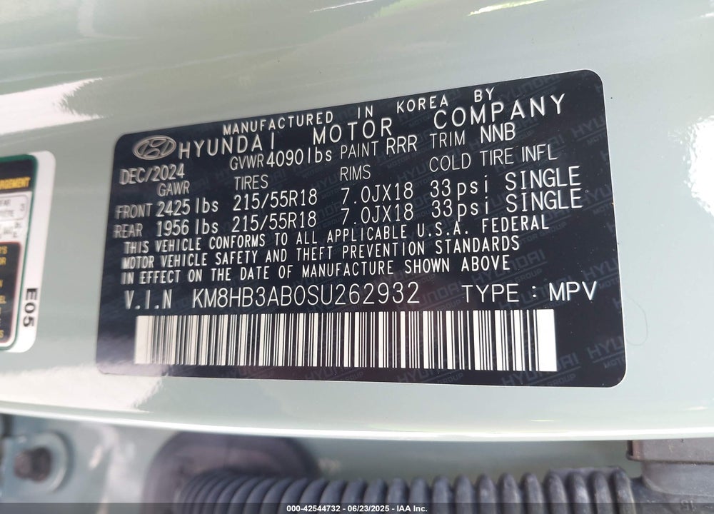 2025 HYUNDAI KONA VIN: KM8HB3AB0SU262932