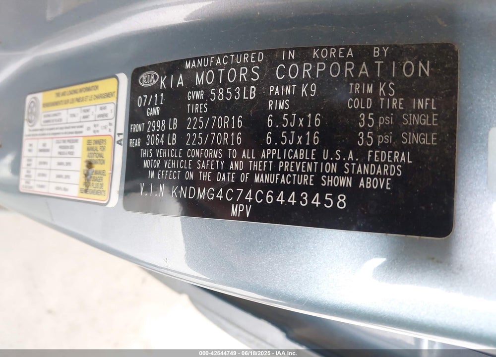 2012 KIA SEDONA LX VIN: KNDMG4C74C6443458