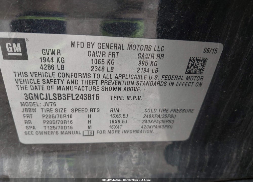 2015 CHEVROLET TRAX VIN: 3GNCJLSB3FL243816