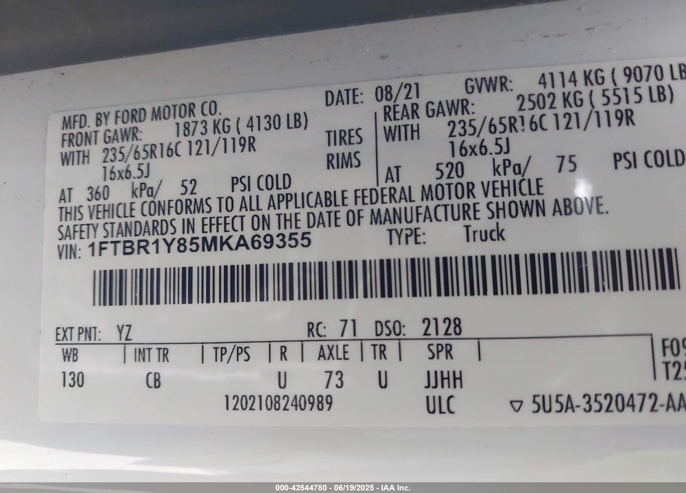 2021 FORD TRANSIT-250 VIN: 1FTBR1Y85MKA69355