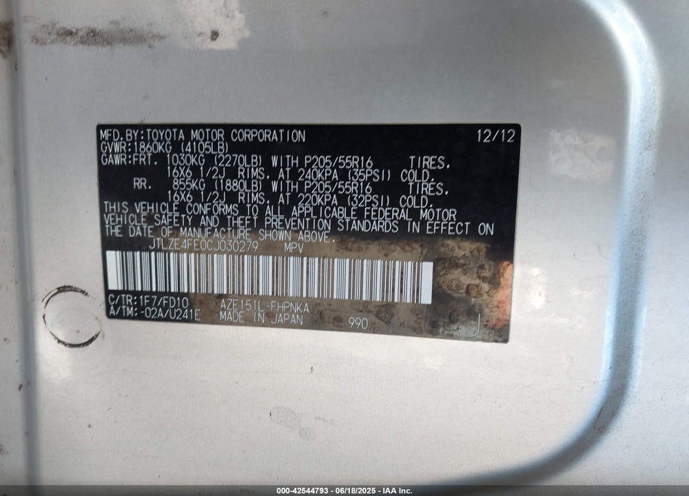 2012 SCION XB VIN: JTLZE4FE0CJ030279