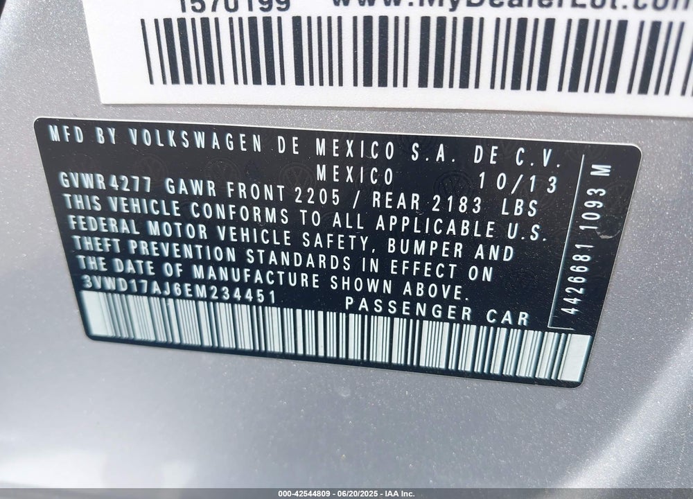 2014 VOLKSWAGEN JETTA VIN: 3VWD17AJ6EM234451