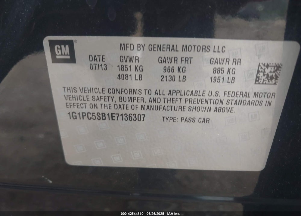 2014 CHEVROLET CRUZE VIN: 1G1PC5SB1E7136307