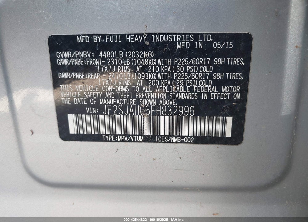 2015 SUBARU FORESTER VIN: JF2SJAHC6FH832996