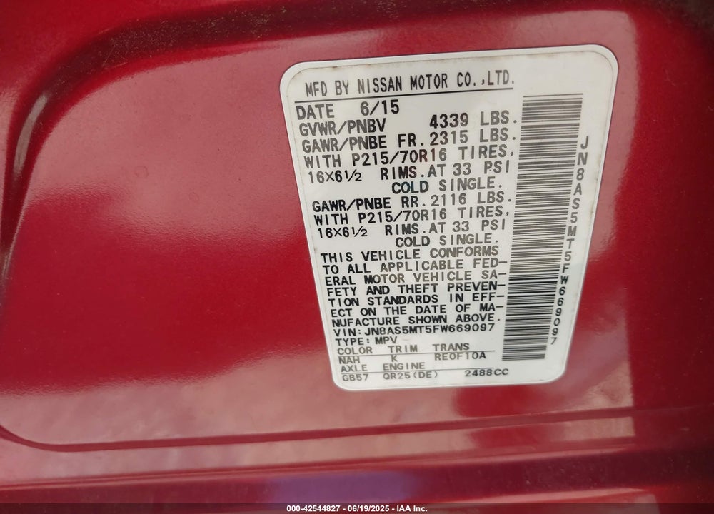 2015 NISSAN ROGUE SELECT S VIN: JN8AS5MT5FW669097