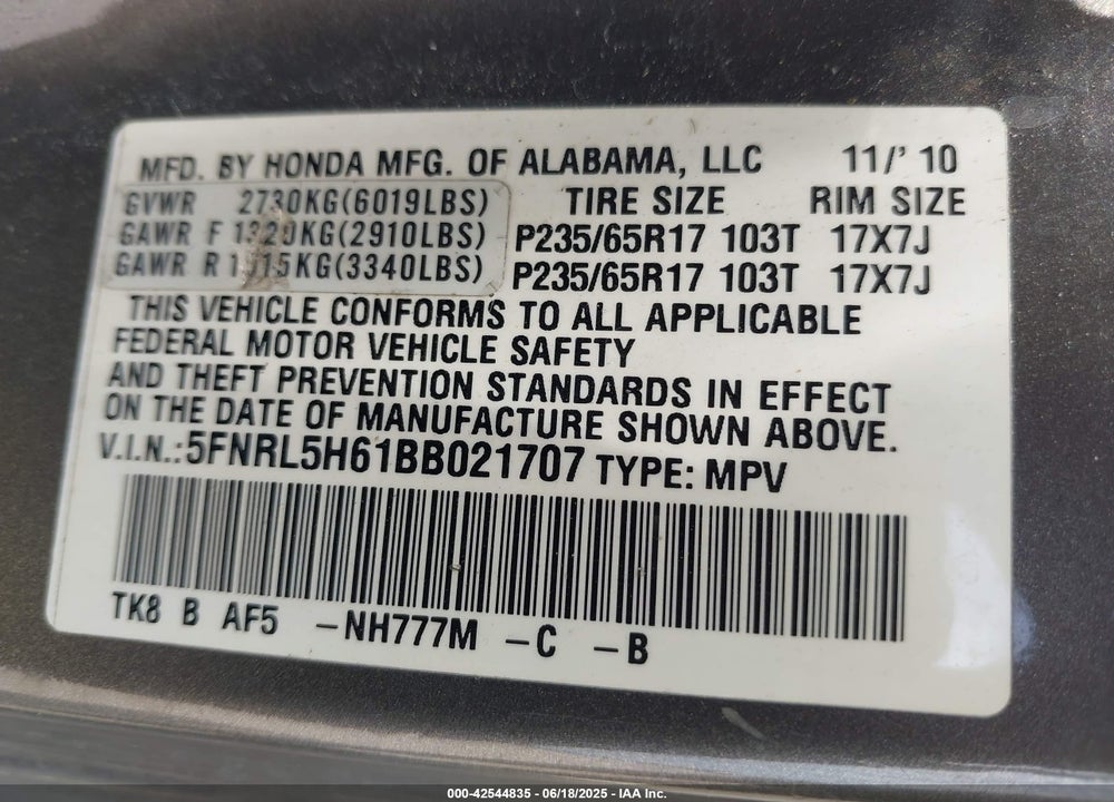 2011 HONDA ODYSSEY EX-L VIN: 5FNRL5H61BB021707