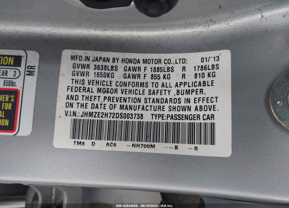 2013 HONDA INSIGHT EX VIN: JHMZE2H72DS003738