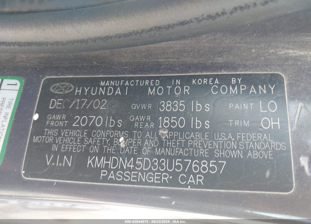 2003 HYUNDAI ELANTRA GLS/GT VIN: KMHDN45D33U576857