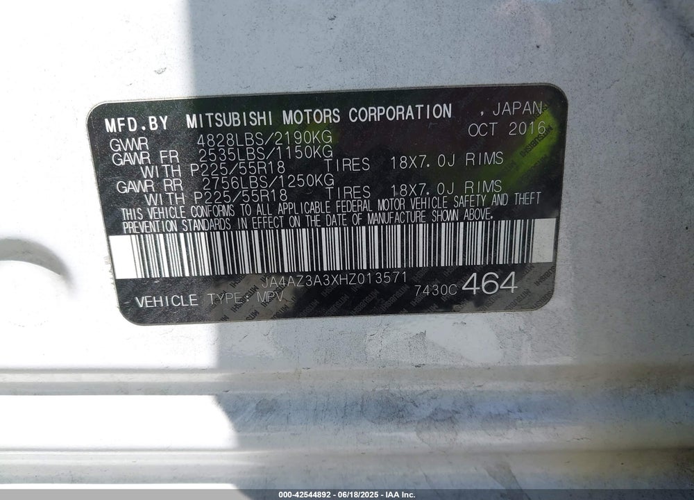 2017 MITSUBISHI OUTLANDER VIN: JA4AZ3A3XHZ013571