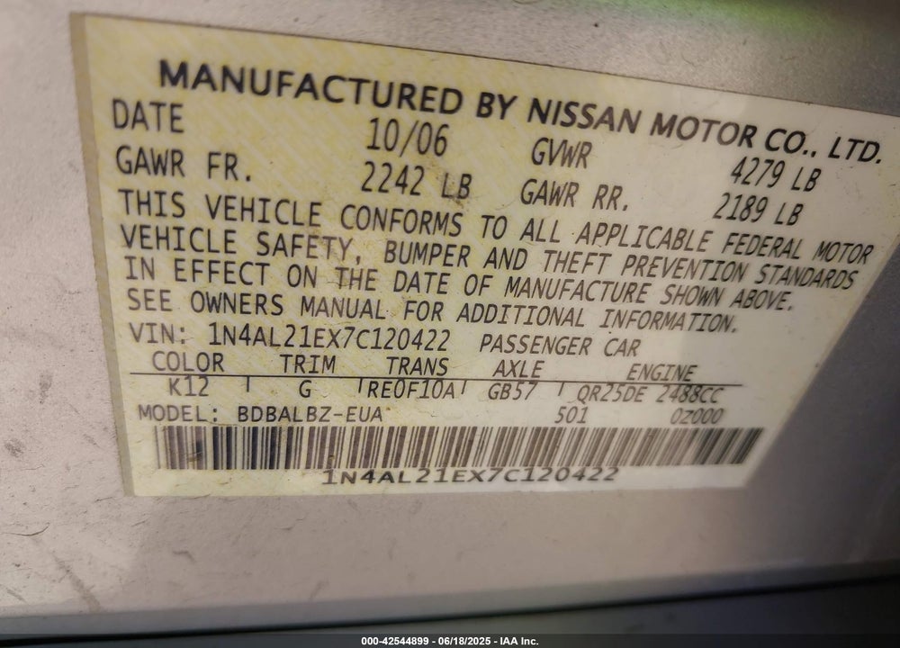 2007 NISSAN ALTIMA 2.5 S VIN: 1N4AL21EX7C120422