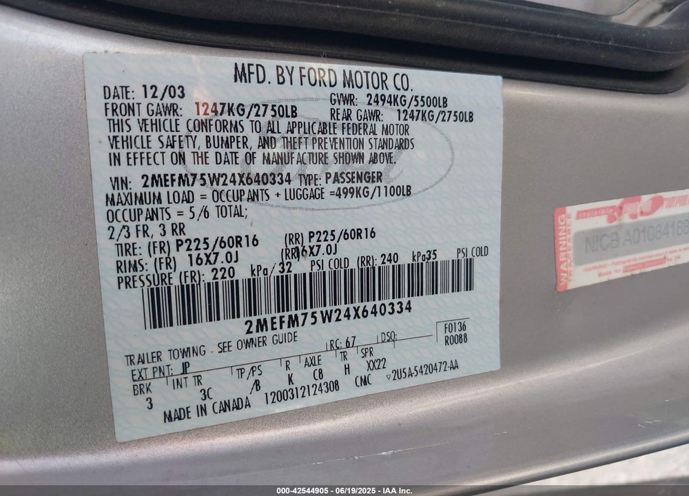 2004 MERCURY GRAND MARQUIS LS VIN: 2MEFM75W24X640334