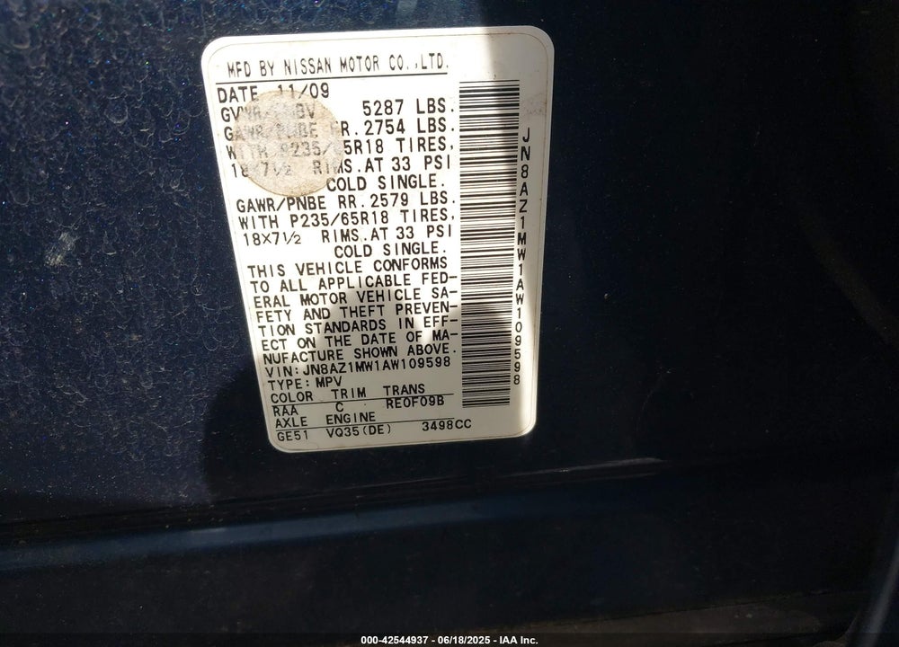 2010 NISSAN MURANO VIN: JN8AZ1MW1AW109598