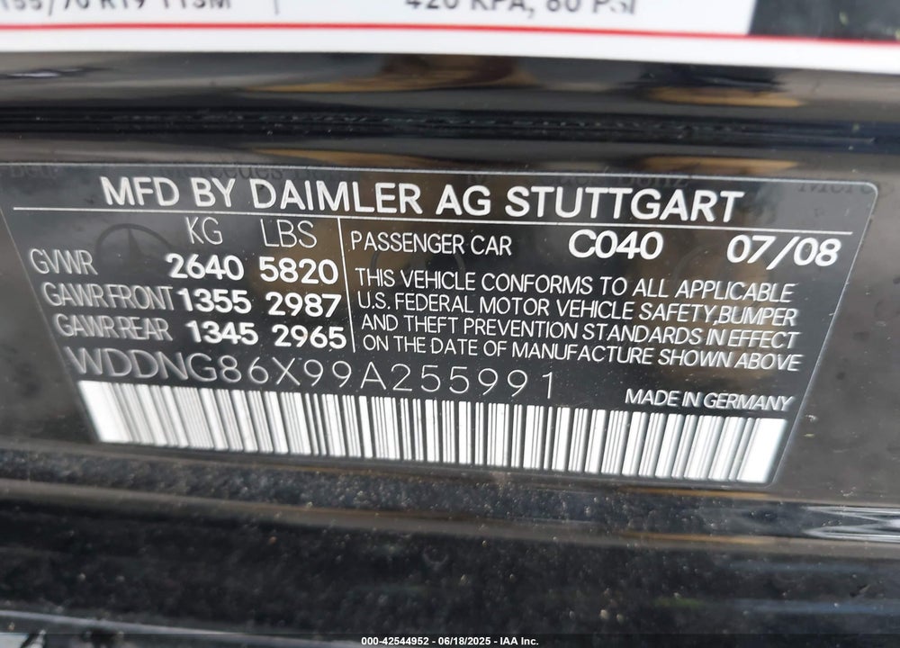2009 MERCEDES-BENZ S CLASS VIN: WDDNG86X99A255991