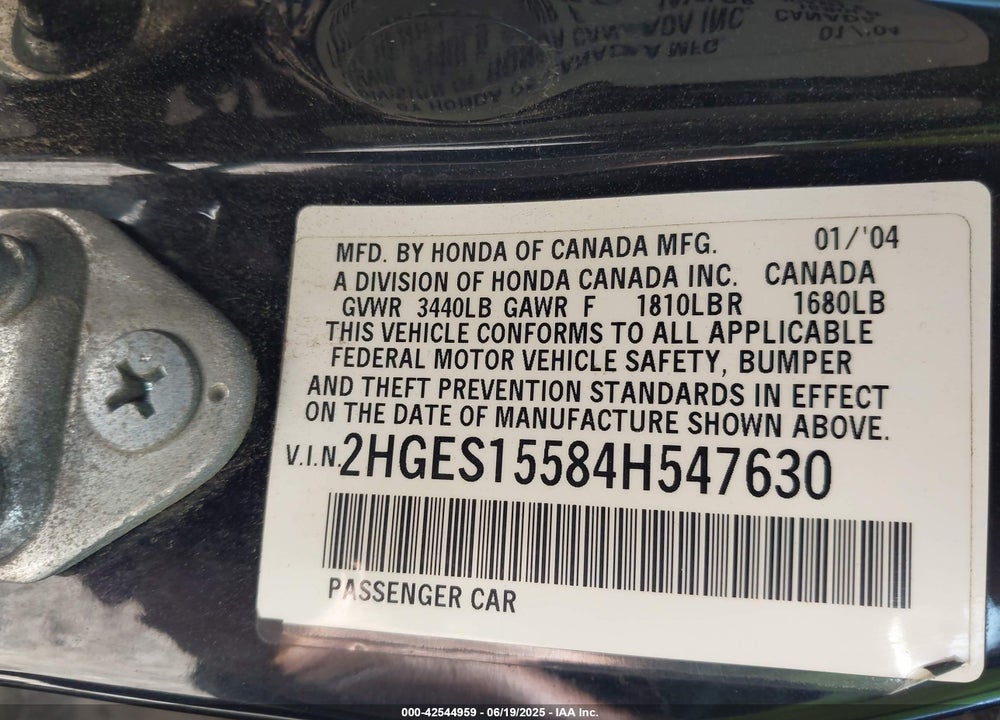2004 HONDA CIVIC LX VIN: 2HGES15584H547630