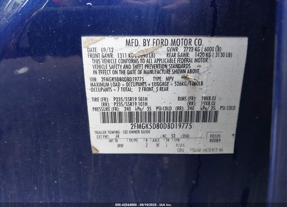 2013 FORD FLEX LIMITED VIN: 2FMGK5D80DBD19775
