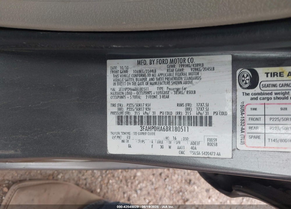 2011 FORD FUSION SE VIN: 3FAHP0HA6BR180511