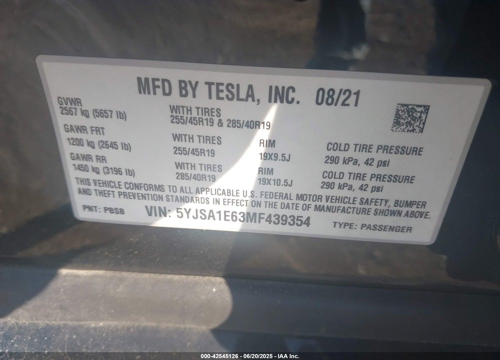 2021 TESLA MODEL S VIN: 5YJSA1E63MF439354