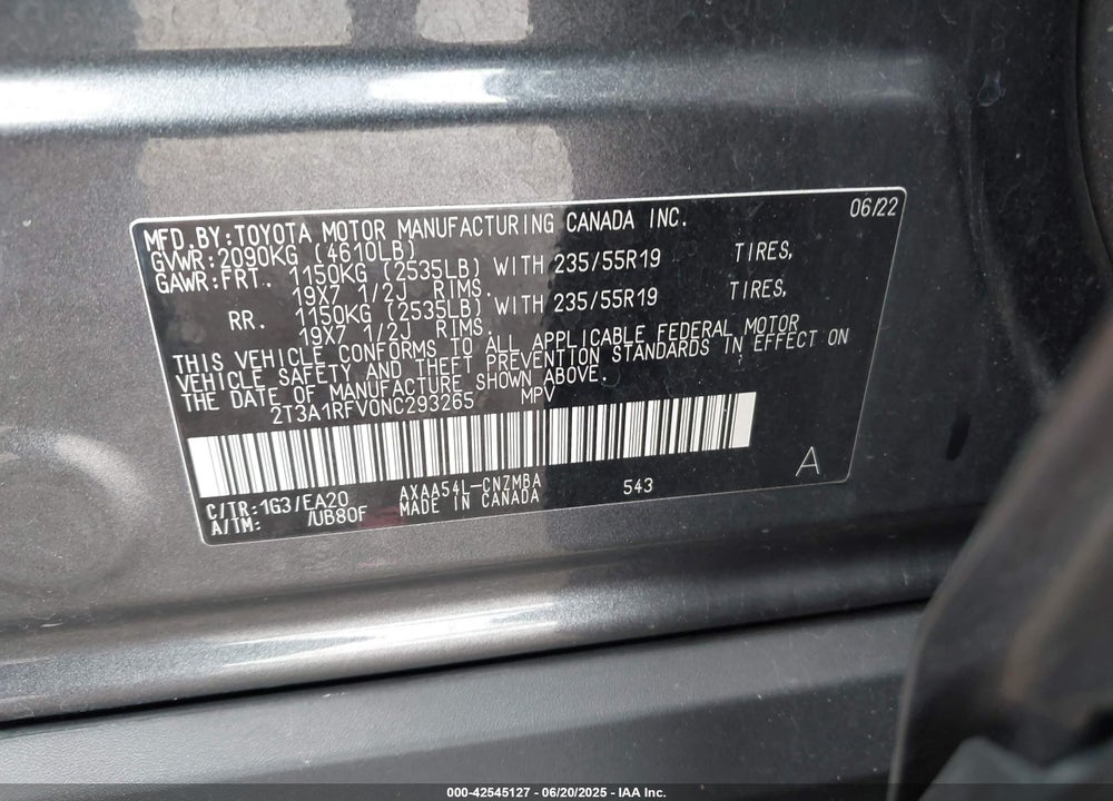 2022 TOYOTA RAV4 VIN: 2T3A1RFV0NC293265