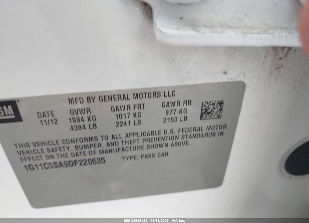 2013 CHEVROLET MALIBU VIN: 1G11C5SA9DF220635