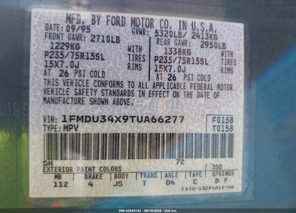 1996 FORD EXPLORER VIN: 1FMDU34X9TUA66277