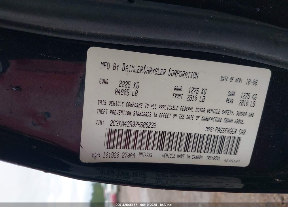 2007 CHRYSLER 300 VIN: 2C3KA43R97H689232