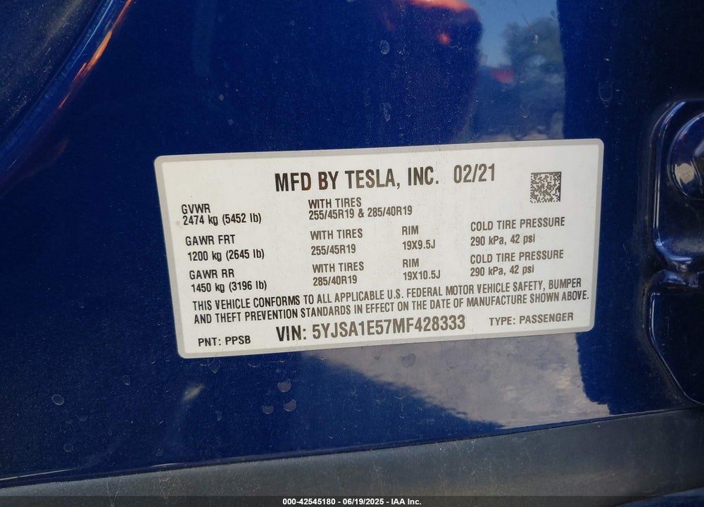 2021 TESLA MODEL S VIN: 5YJSA1E57MF428333