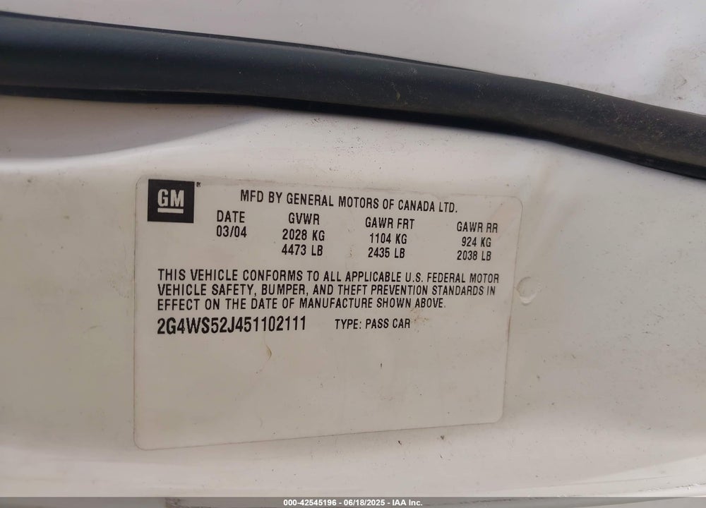 2005 BUICK CENTURY VIN: 2G4WS52J451102111