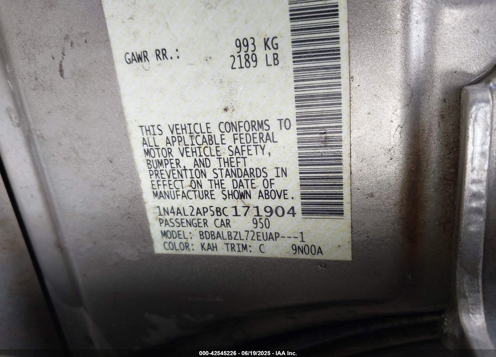 2011 NISSAN ALTIMA VIN: 1N4AL2AP5BC171904