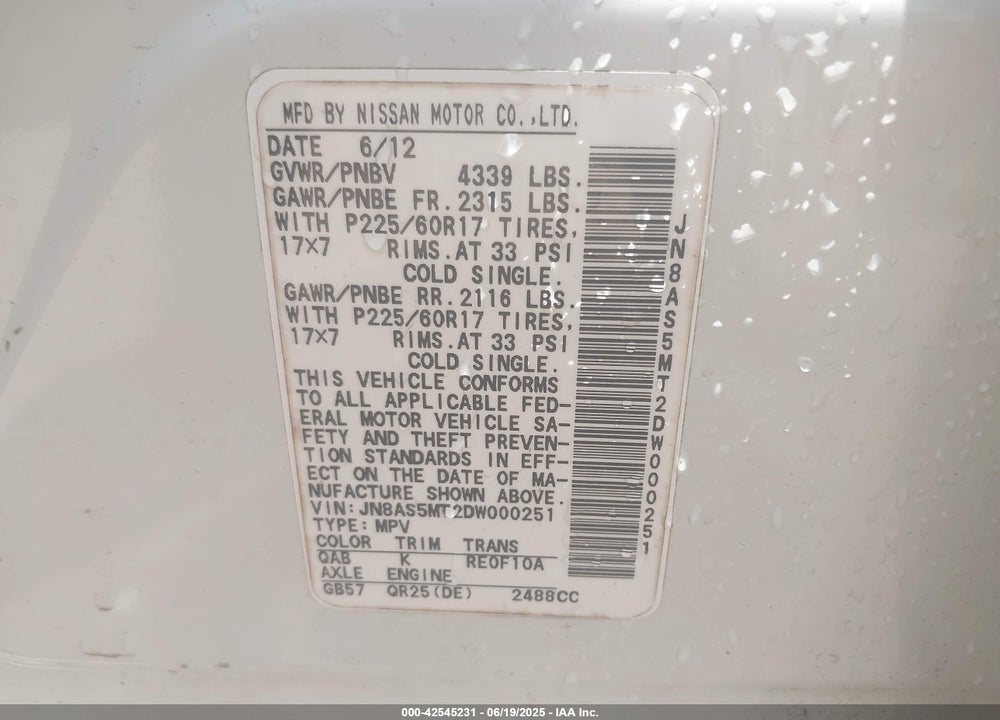 2013 NISSAN ROGUE SV VIN: JN8AS5MT2DW000251