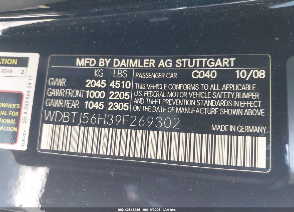 2009 MERCEDES-BENZ CLK 350 VIN: WDBTJ56H39F269302